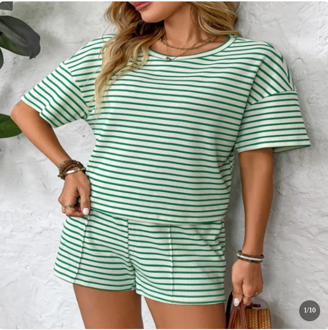 Women's Striped Knit Shorts Set