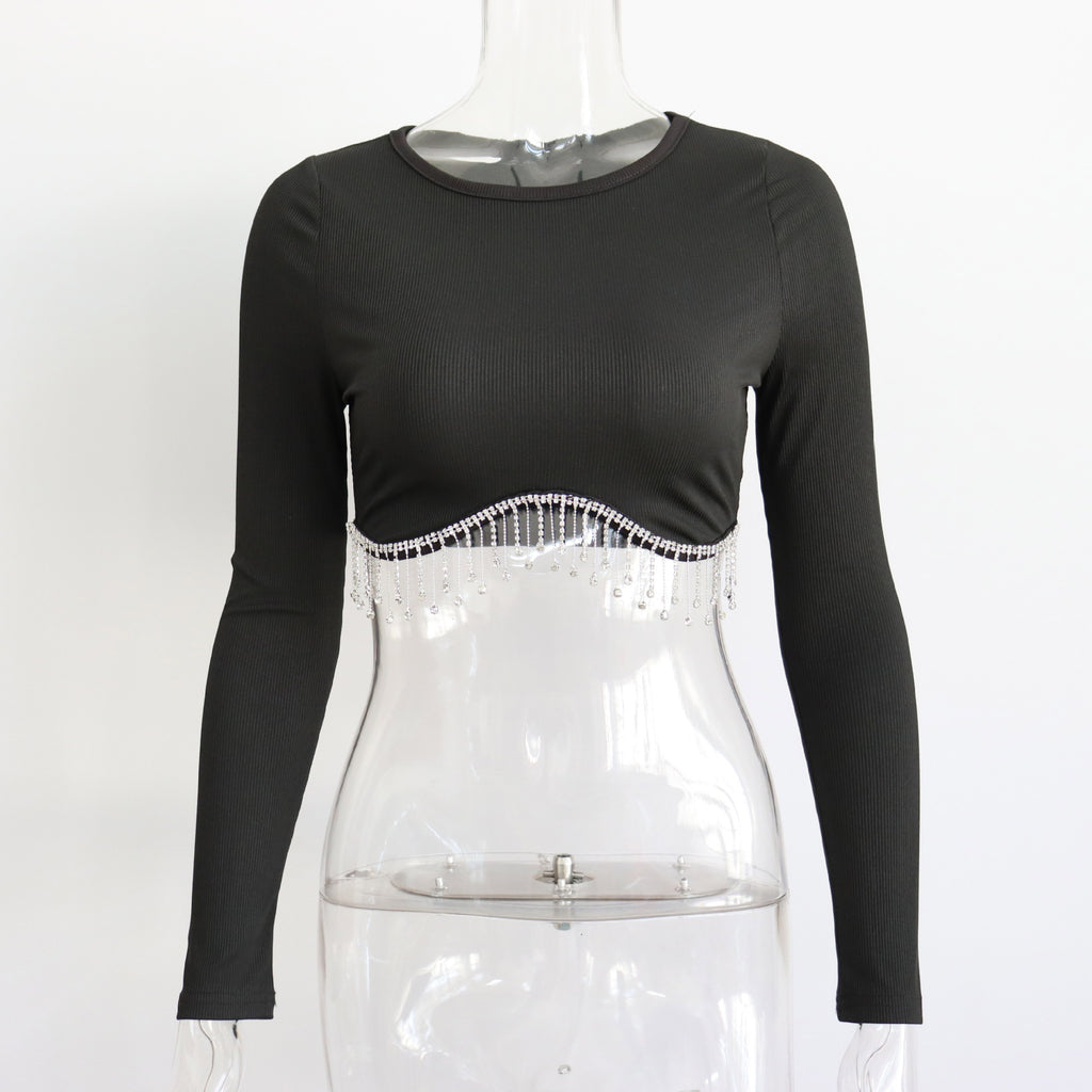Fashionable Long Sleeve Rhinestone Crop Top for Women