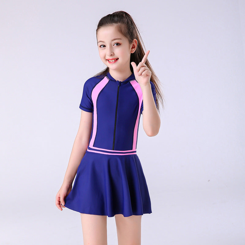 Girls' One-Piece Zip Rashguard Swim Dress