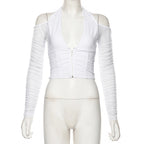 Sheer Long Sleeve Backless Crop Top with Zipper