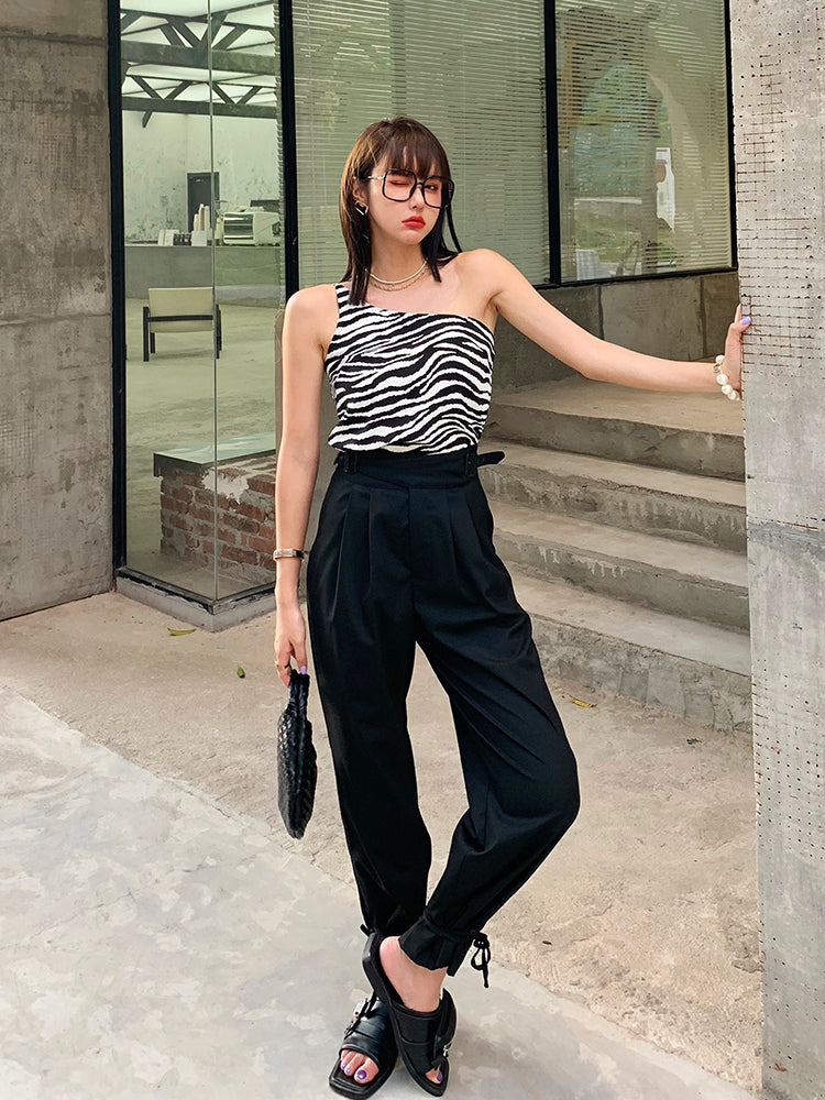 Zebra Print Women's One-Shoulder Tank Top