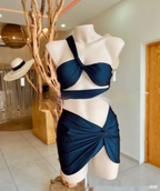 Navy Twist-Front Three-Piece Bikini and Sarong Set