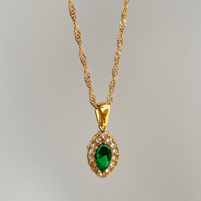 Olive Shaped Horse Eye Zircon Titanium Steel Necklace