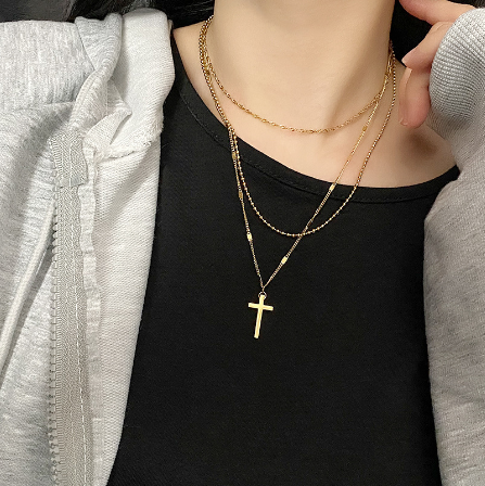 Fashionable Double Layer Gold Cross Necklace with Pendant | Christian Jewelry
