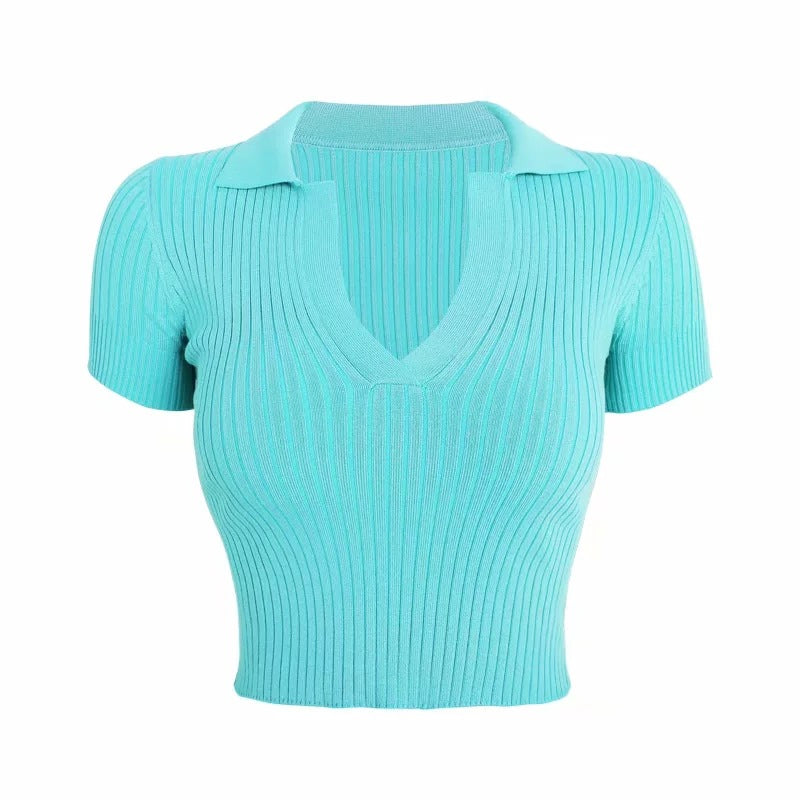 V-Neck Solid Color Short Sleeve Knit Crop Top