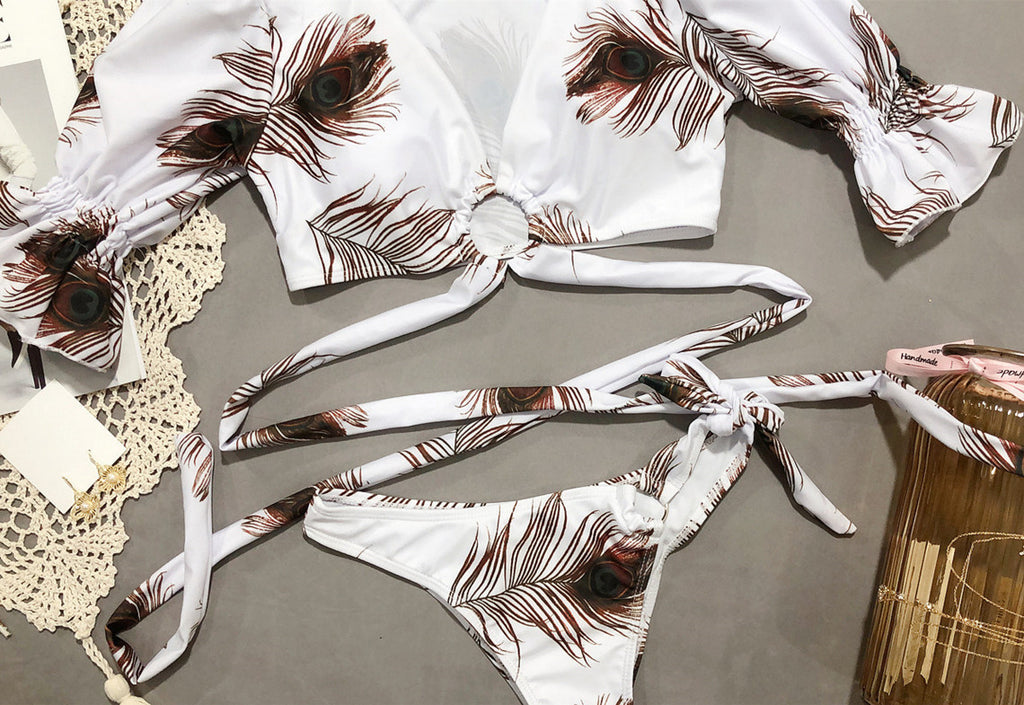 Puff Sleeve Wrap Bikini Set in Leopard Print