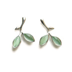 Minimalist Leaf Silver Stud Earrings with Cat's Eye