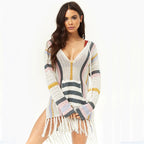 Knit Fringe Hollow Stripe Beach Dress and Cover-Up
