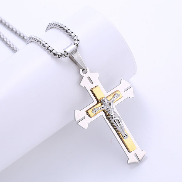 AML Vintage Stainless Steel Double Layer Jesus Cross Necklace | Christian Jewelry