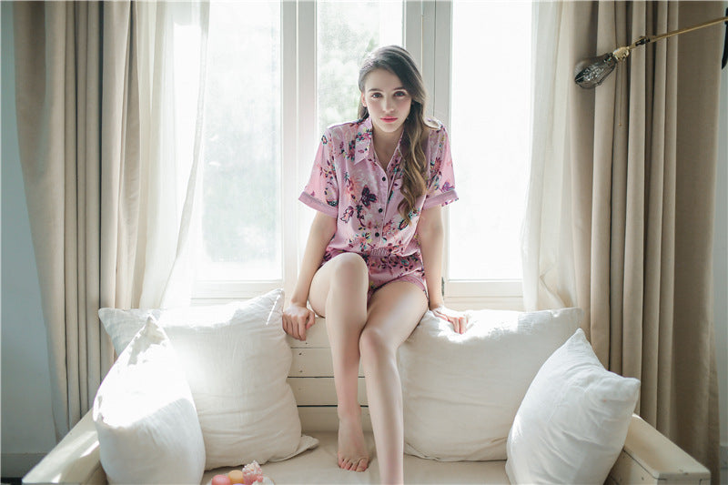 2019 Women's Summer Silk Pajama Set - Short Sleeve & Shorts