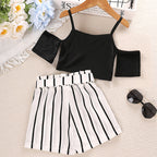 Girls' Summer Casual Off-Shoulder Set with Striped Shorts