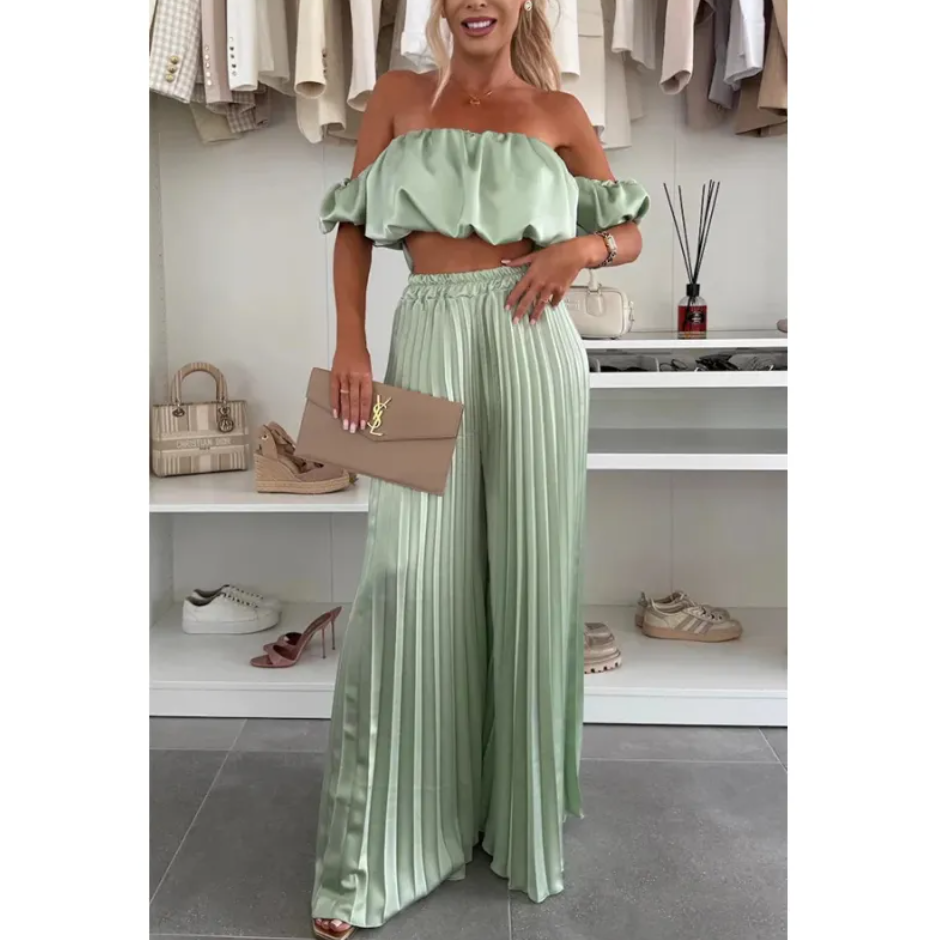 Women’s Satin Tube Top and Wide Leg Pants Set