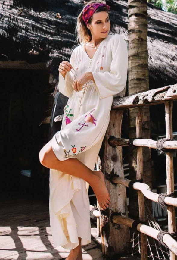 Embroidered Long Sleeve Sun Protection Beach Cover-Up