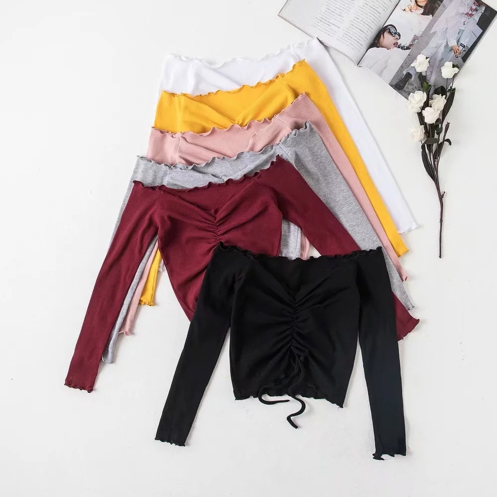 Long Sleeve Crop Top with Ruching and Off-Shoulder Design