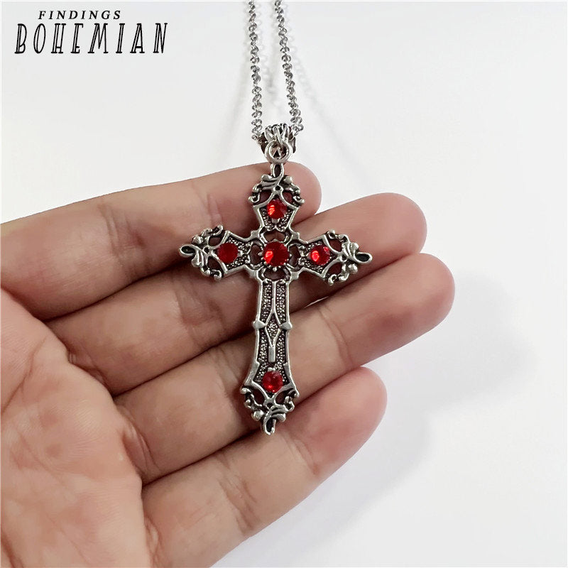 Large Silver Baroque Christian Cross Necklace with Crystals | Christian Jewelry