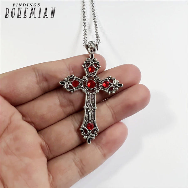 Large Silver Baroque Christian Cross Necklace with Crystals | Christian Jewelry
