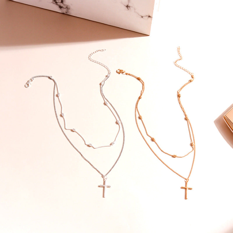 Stylish Cross Pendant Necklace with Geometric Layered Chain | Christian Jewelry