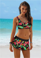 Palm Leaf Print Bikini Set with Board Shorts