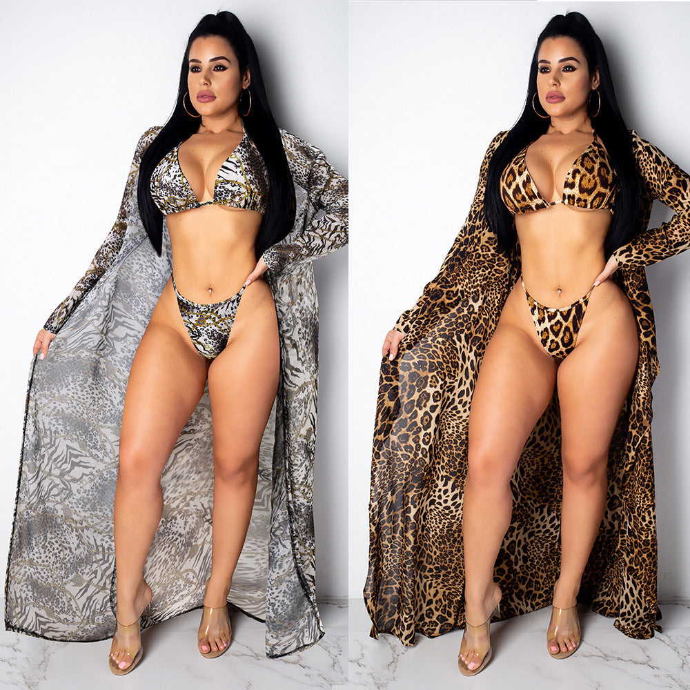 Leopard Print Bikini Set with Long Chiffon Cover-Up Robe