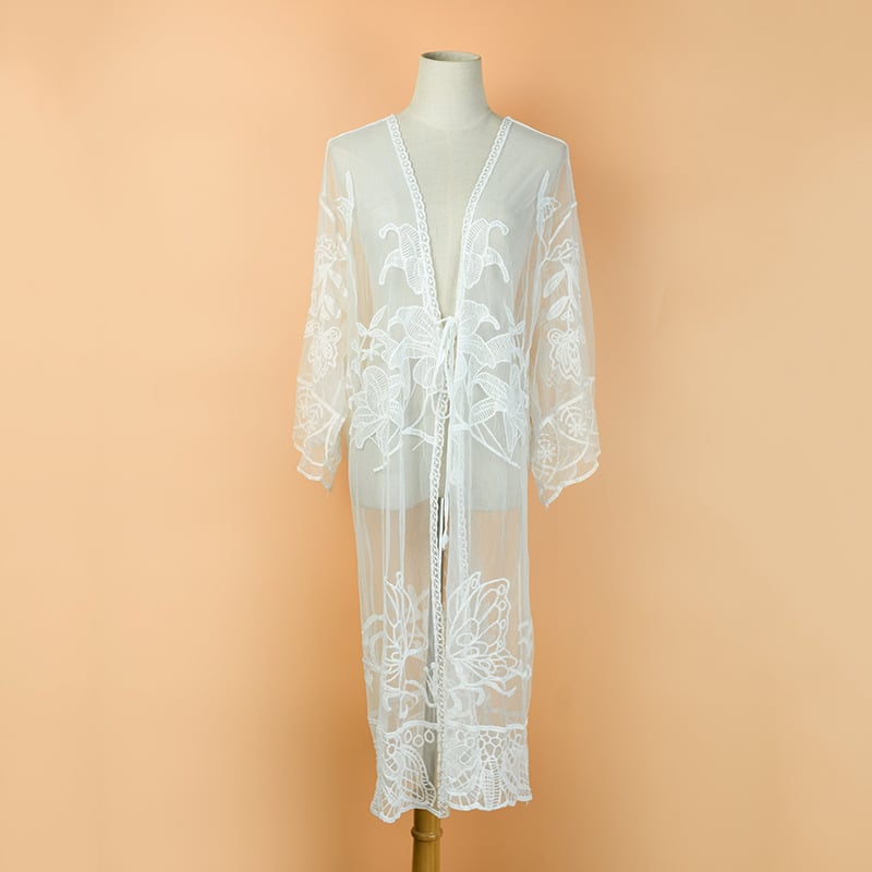 White Lace Sheer Long Kimono Cover-Up