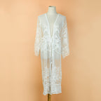 White Lace Sheer Long Kimono Cover-Up