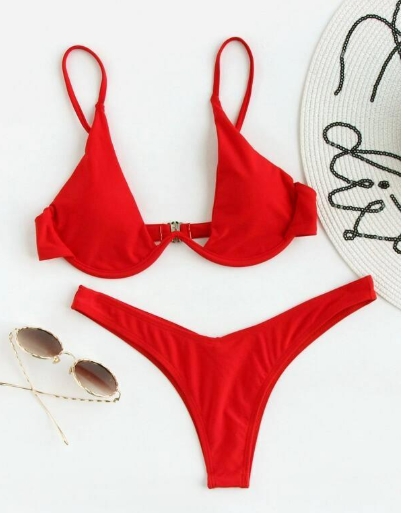 Two-Piece Steel Bracket Solid Color Bikini Swimsuit