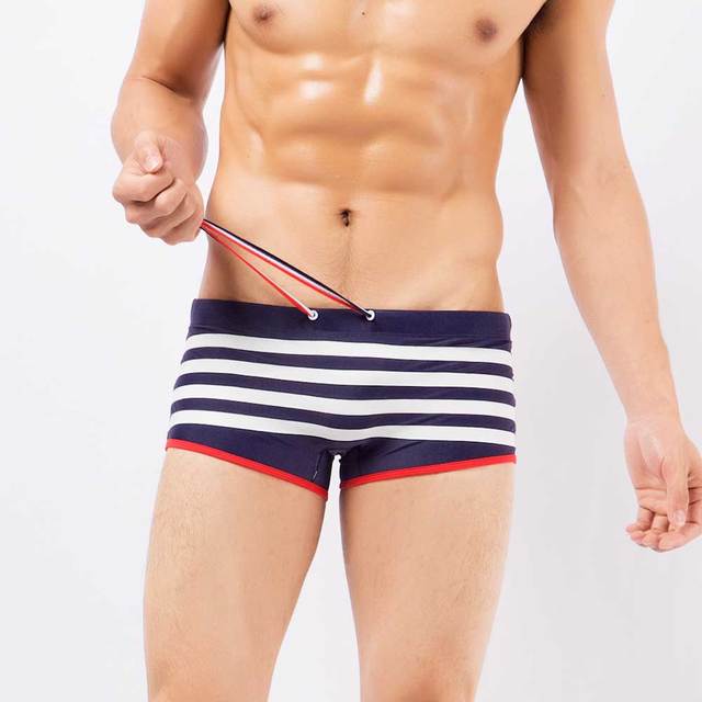 Men's Striped Square-Leg Swim Trunks with Swim Bag