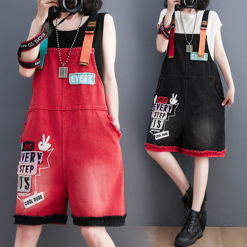 Large Fashion Embroidered Denim Overalls Shorts for Women