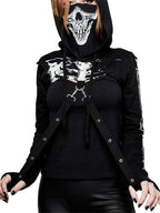 2022 Black Women's Punk Hooded Skull Crop Top Sweatshirt | Streetwear