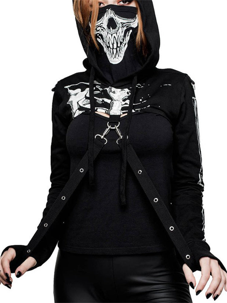 2022 Black Women's Punk Hooded Skull Crop Top Sweatshirt | Streetwear