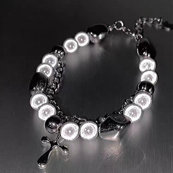 Double-layer Reflective Pearl Cross Bracelet