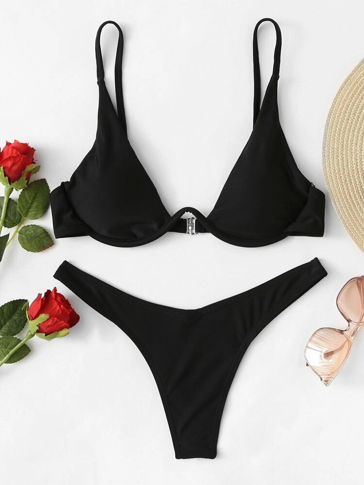Two-Piece Steel Bracket Solid Color Bikini Swimsuit