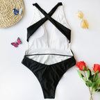 Color Block Plunge One-Piece Swimsuit with Belt