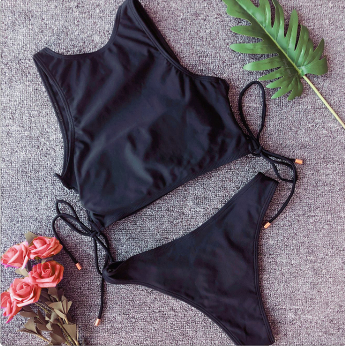 Burgundy Lace-Up High-Neck Bikini Set