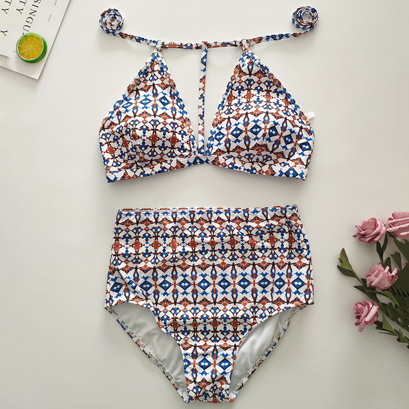 Geometric Print Halter High-Waist Bikini Set