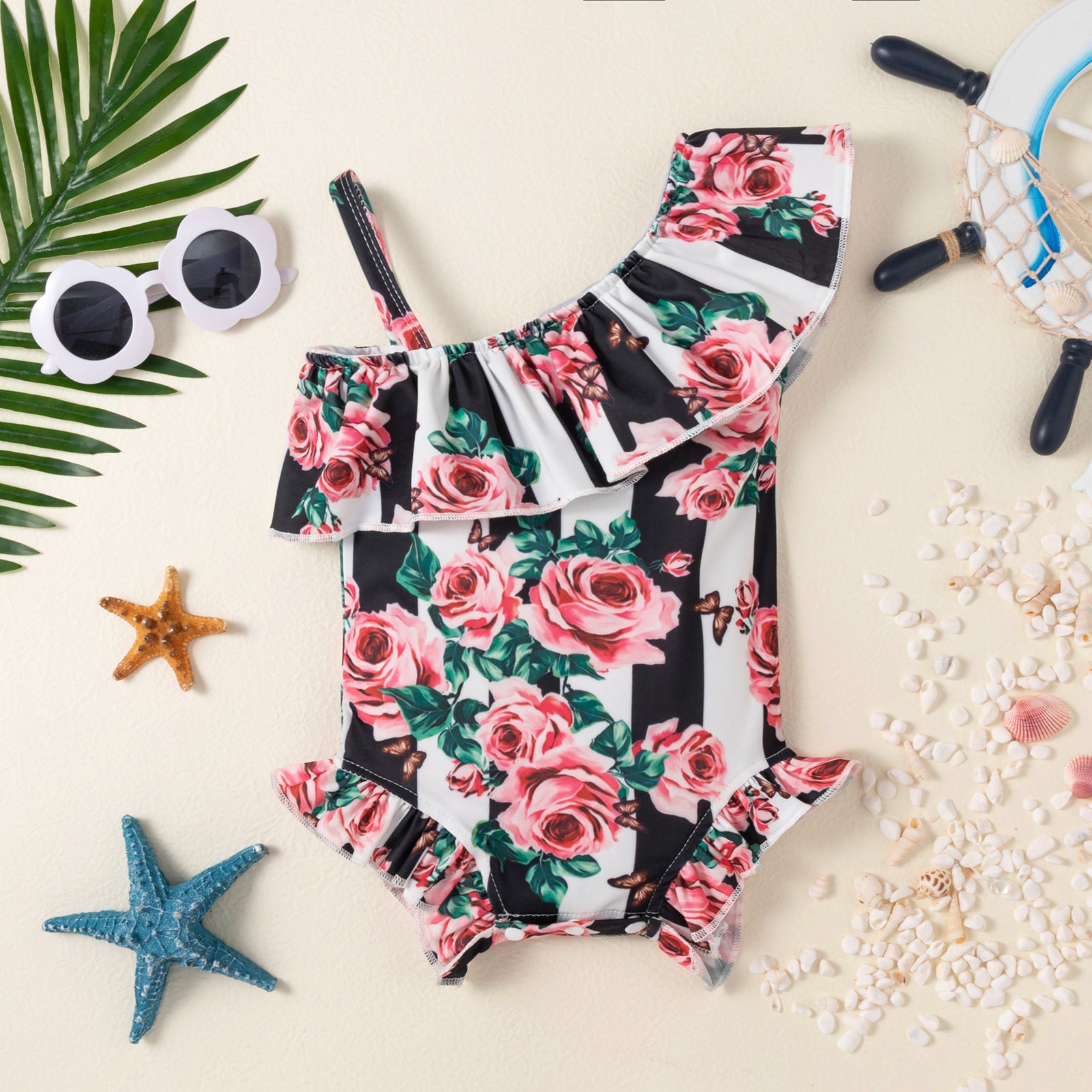 Girls' Rose Print One-Shoulder Ruffle Swimsuit