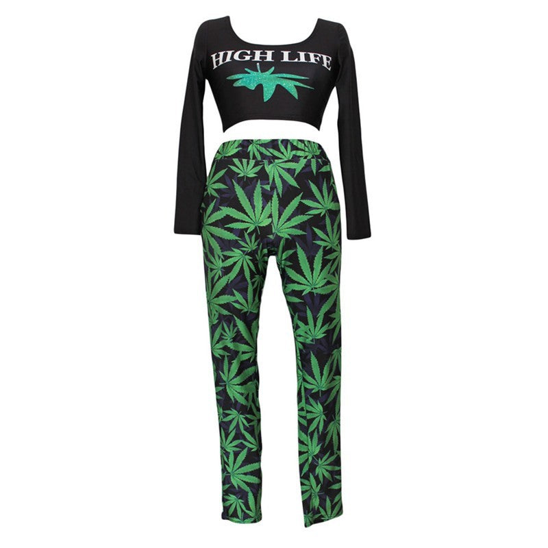 Two-Piece Set: Sexy Black Crop Top & Green Pants