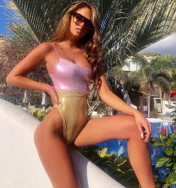 Metallic Pink and Gold High-Cut One-Piece Swimsuit