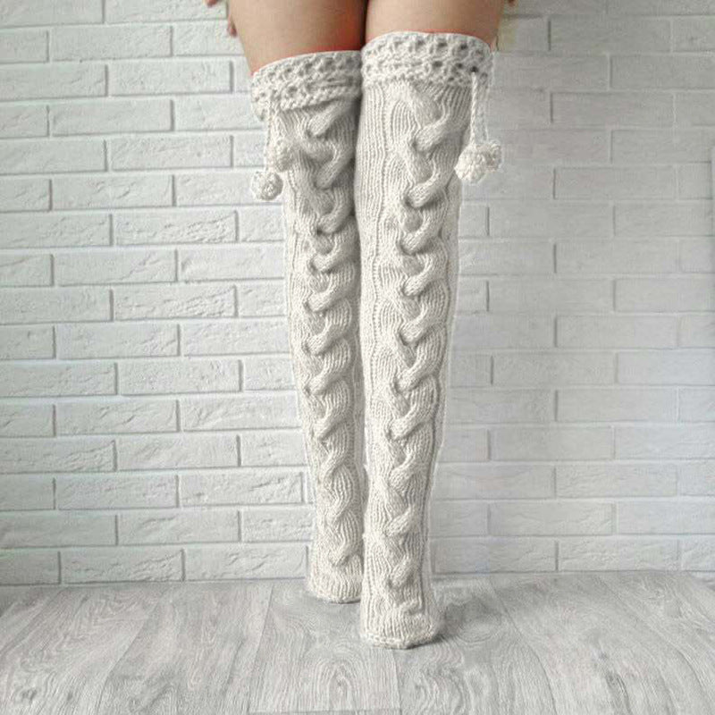 Knitted Garter Hair Ball Over Knee Stockings