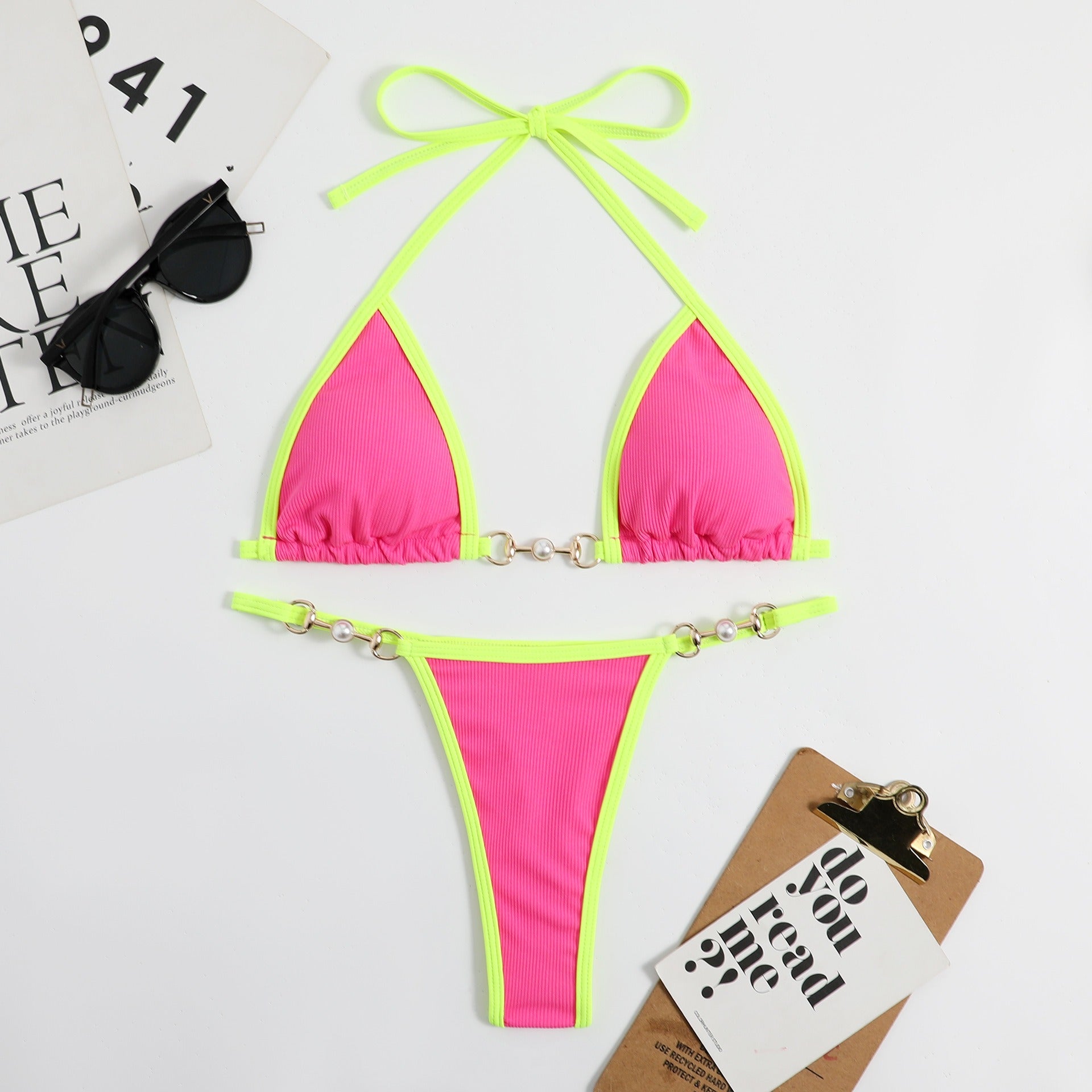 Neon Beaded Triangle Bikini Set
