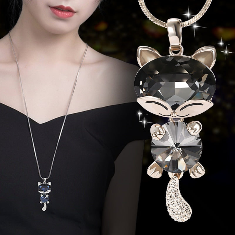 Long Sweater Chain with Cat Crystal Pendant Necklace