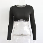 Fashionable Long Sleeve Rhinestone Crop Top for Women