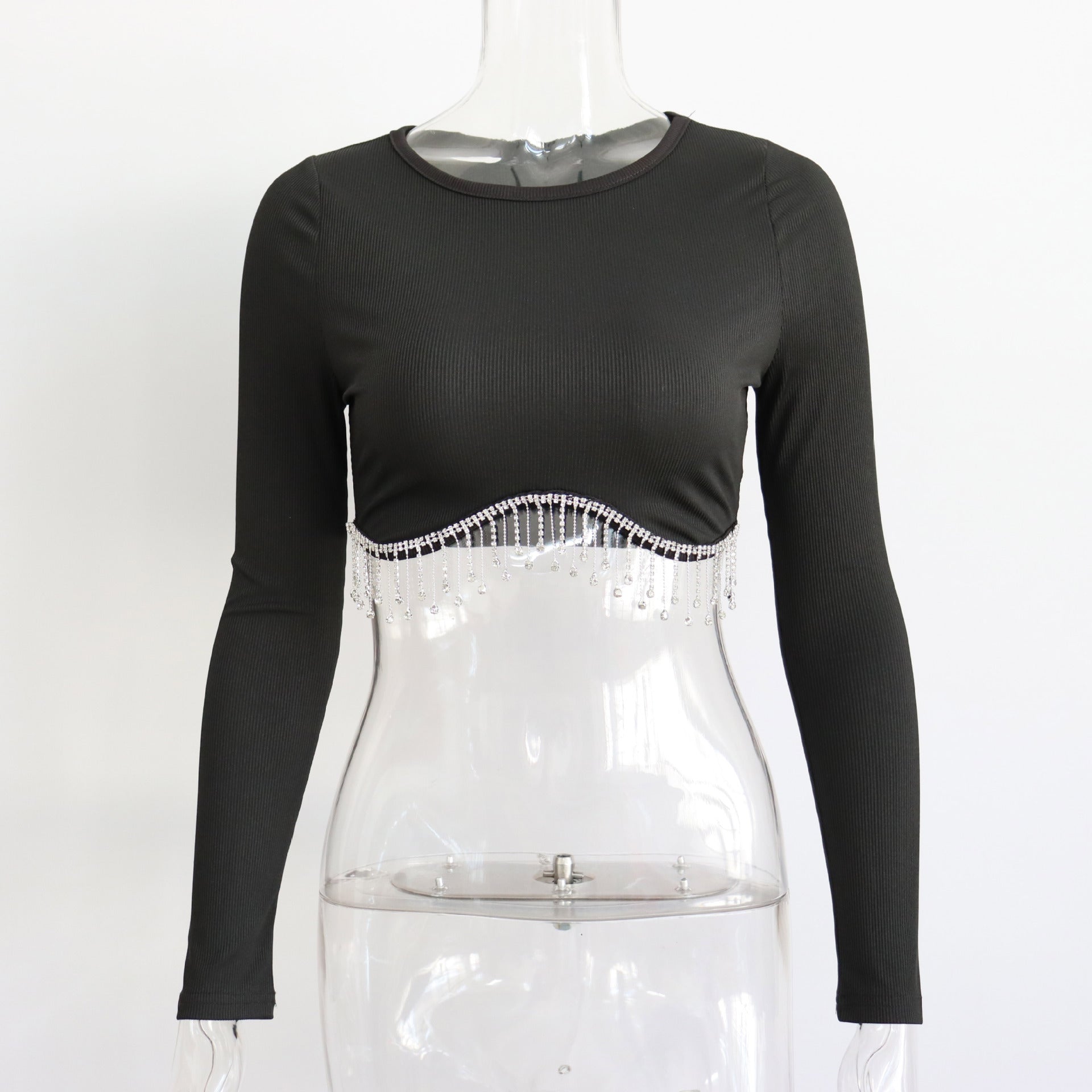 Fashionable Long Sleeve Rhinestone Crop Top for Women