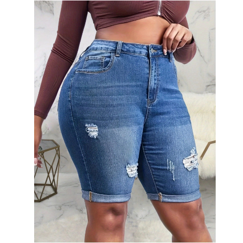 Plus Size Women's Ripped Denim Shorts with Roll Hem