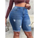 Plus Size Women's Ripped Denim Shorts with Roll Hem