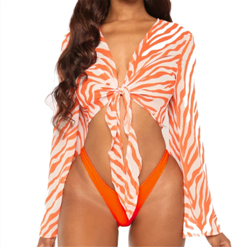 3-Piece Zebra Mesh Cover-Up Bikini Set
