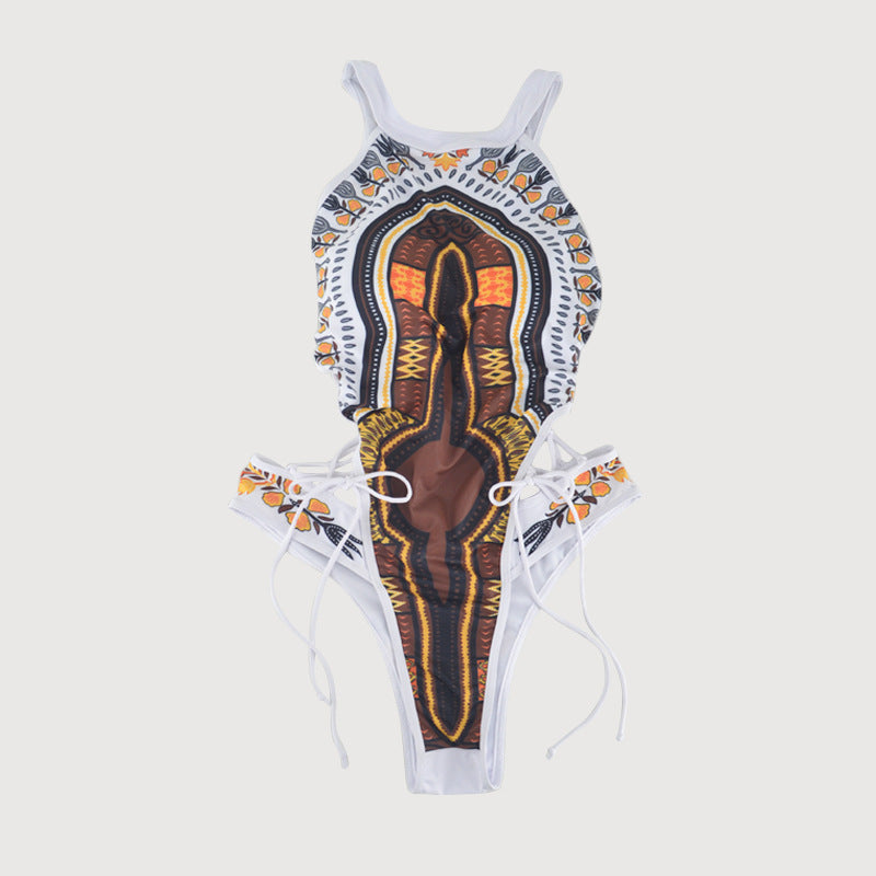 Tribal Print High-Neck Cutout One-Piece Swimsuit