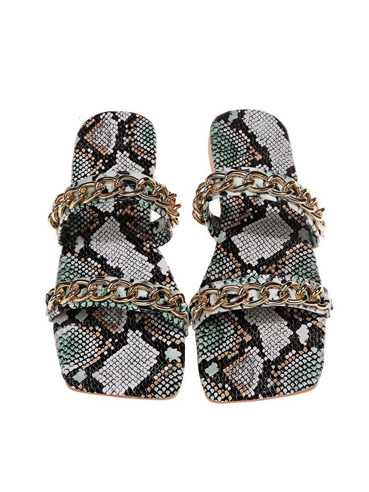 Snake Print Sandals with Metal Chain Buckle