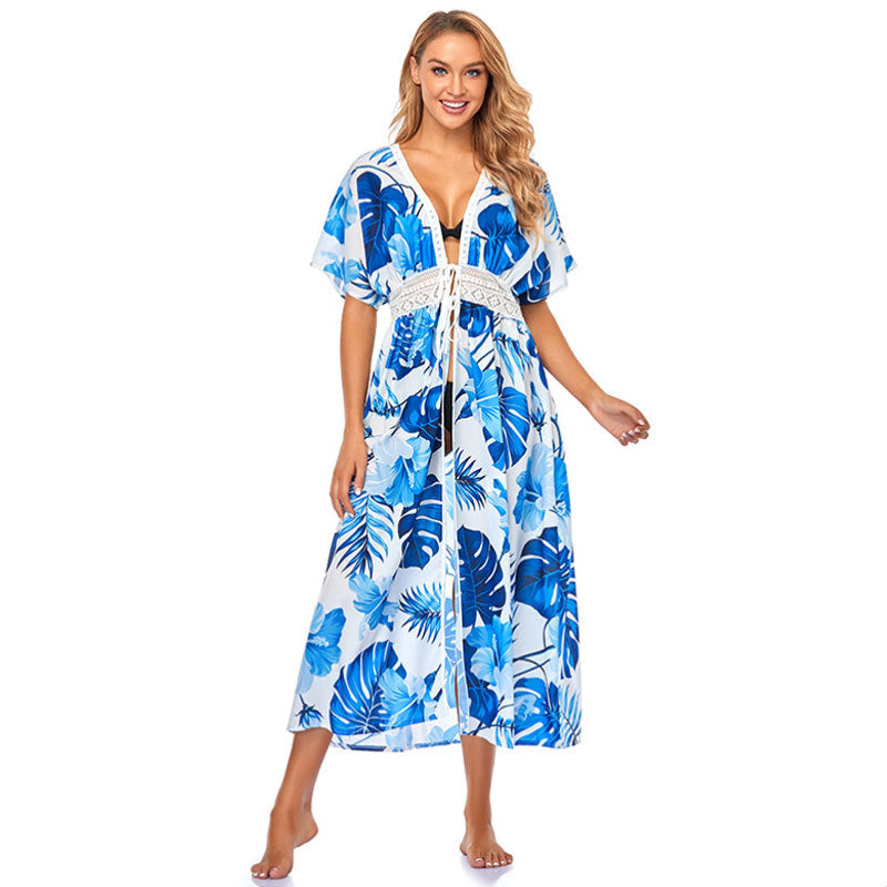 Blue Tropical Print Long Chiffon Beach Cover-Up