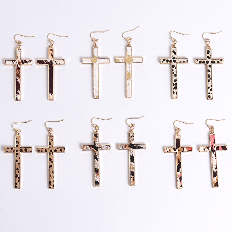 Fashionable Leopard Print Cross Earrings with Leather | Christian Jewelry